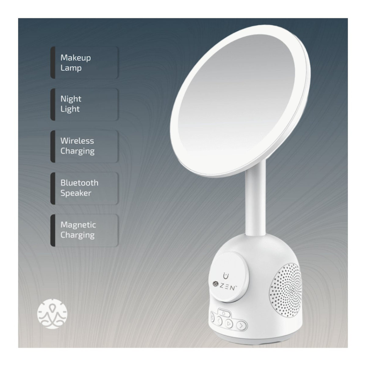ZEN Unify Series 15W Wireless Phone Charger with Bluetooth Speaker Clock and Mirror White ZN-8405-WT