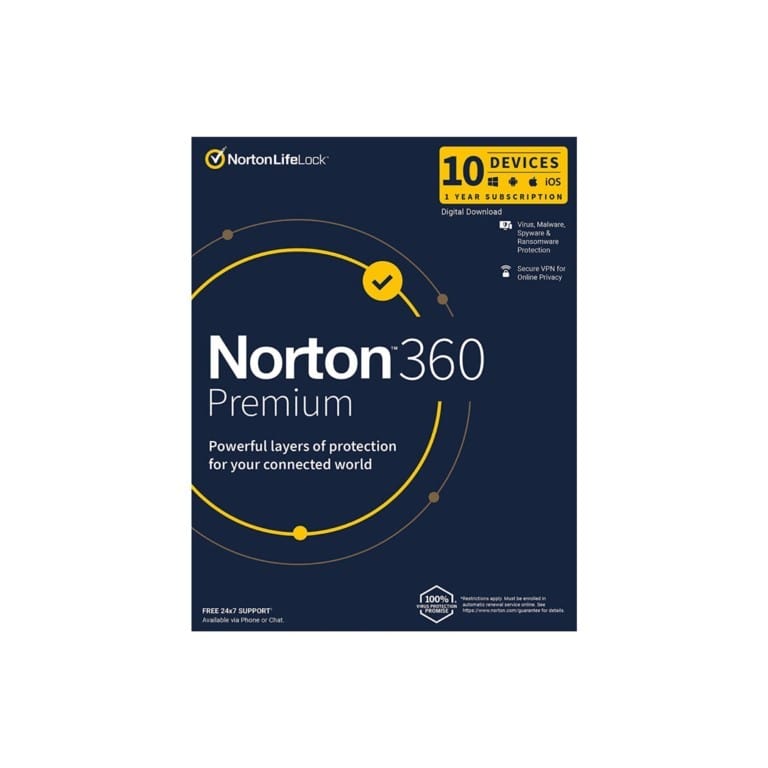 Norton 360 Premium for 10x PCs Mac Smartphones or Tablets - Single-user 1-year Subscription Download 21426629