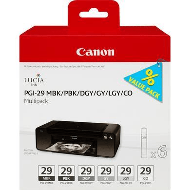 Canon PGI-29 Black, Dark Grey, Grey, Light Grey, Matte Black, Photo Black Printer Ink Cartridges Original 4868B018 6-pack