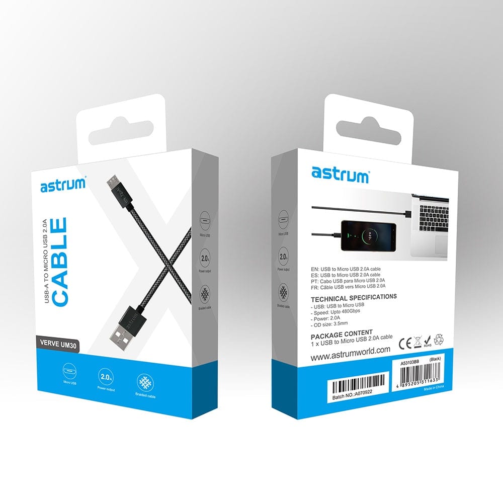 Astrum Verve UM30 1m USB-A to Micro USB Braided Cable Black A53103BB