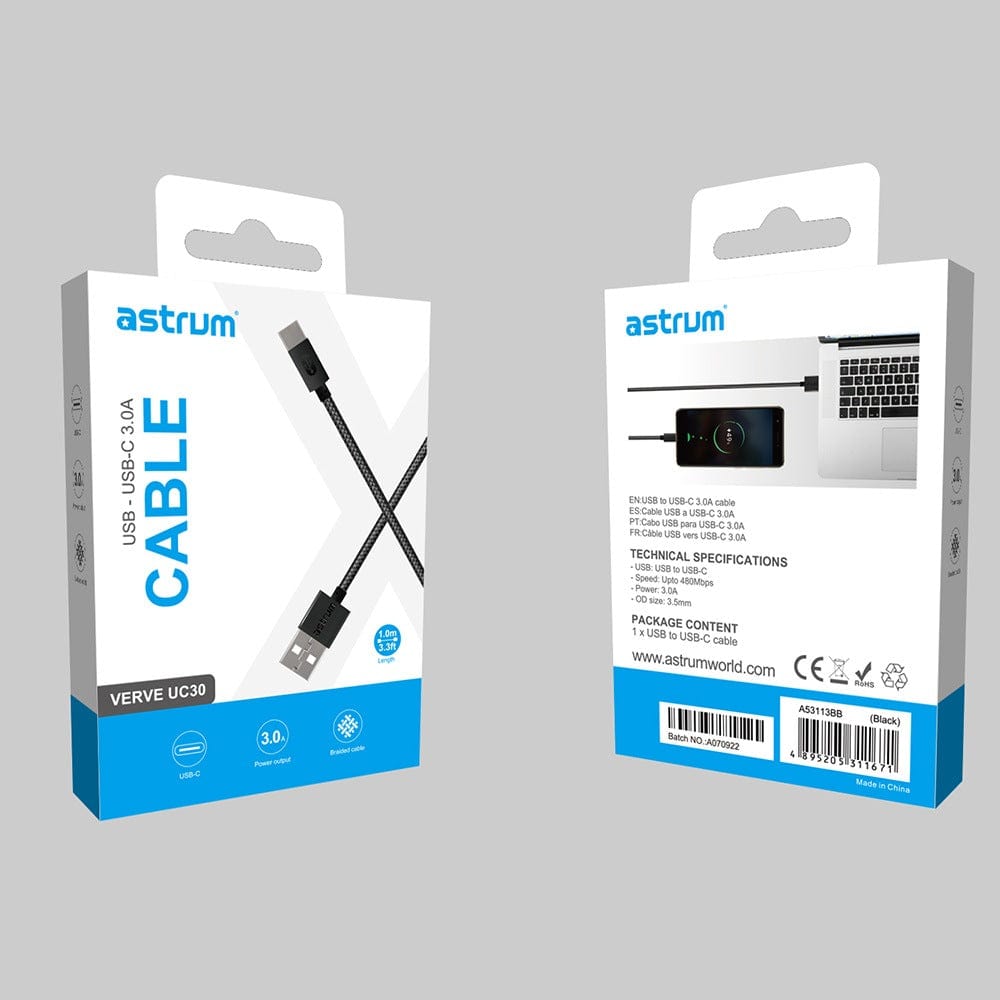 Astrum Verve UC30 1m USB-A to USB-C Braided Cable Black A53113BB