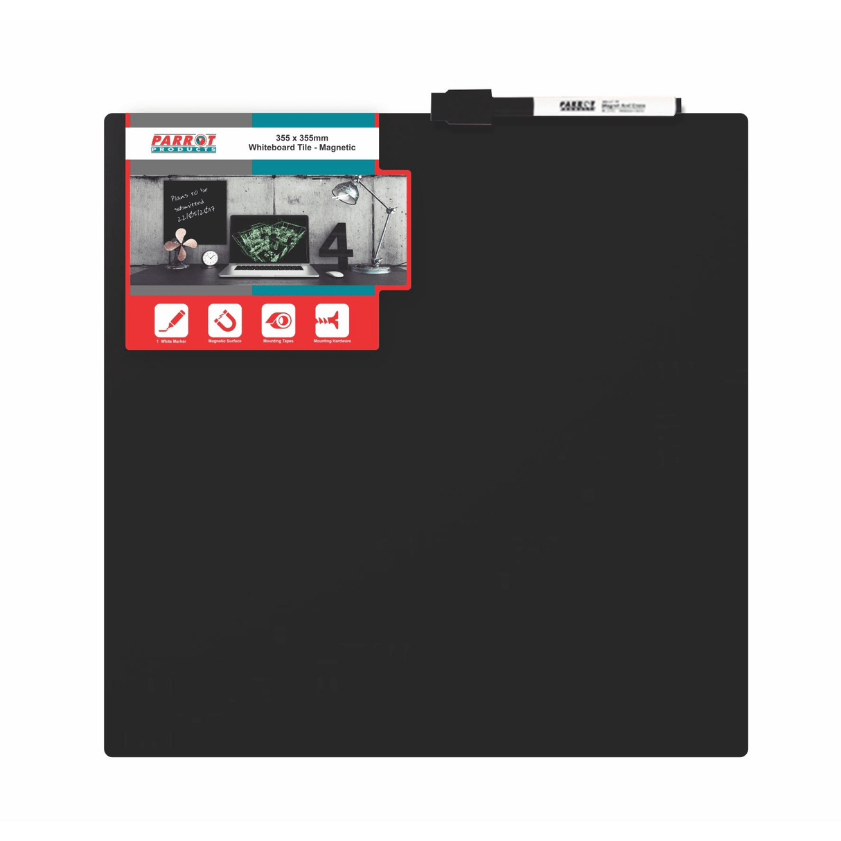 Parrot Magnetic Whiteboard Tile 355x355mm Black BD1817B