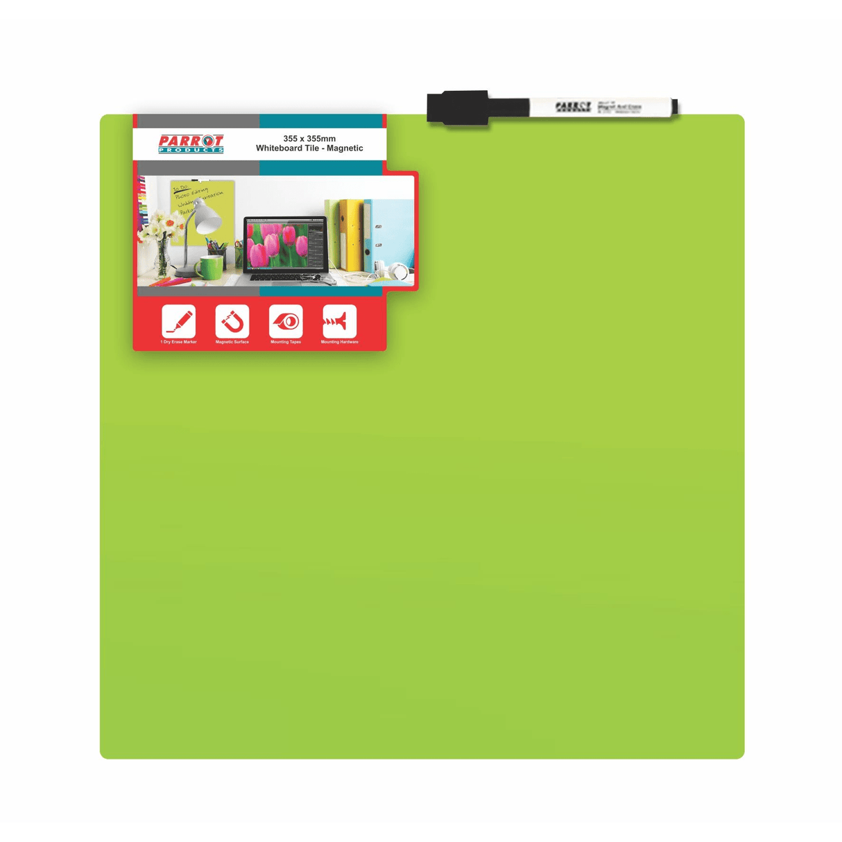 Parrot Magnetic Whiteboard Tile 355x355mm Green BD1817G