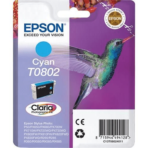 Epson T0802 Claria Photographic Cyan Printer Ink Cartridge Original C13T08024011 Single-pack