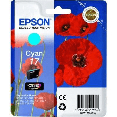 Epson 17 Claria Home Cyan Standard Yield Printer Ink Cartridge Original C13T17024A10 Single-pack