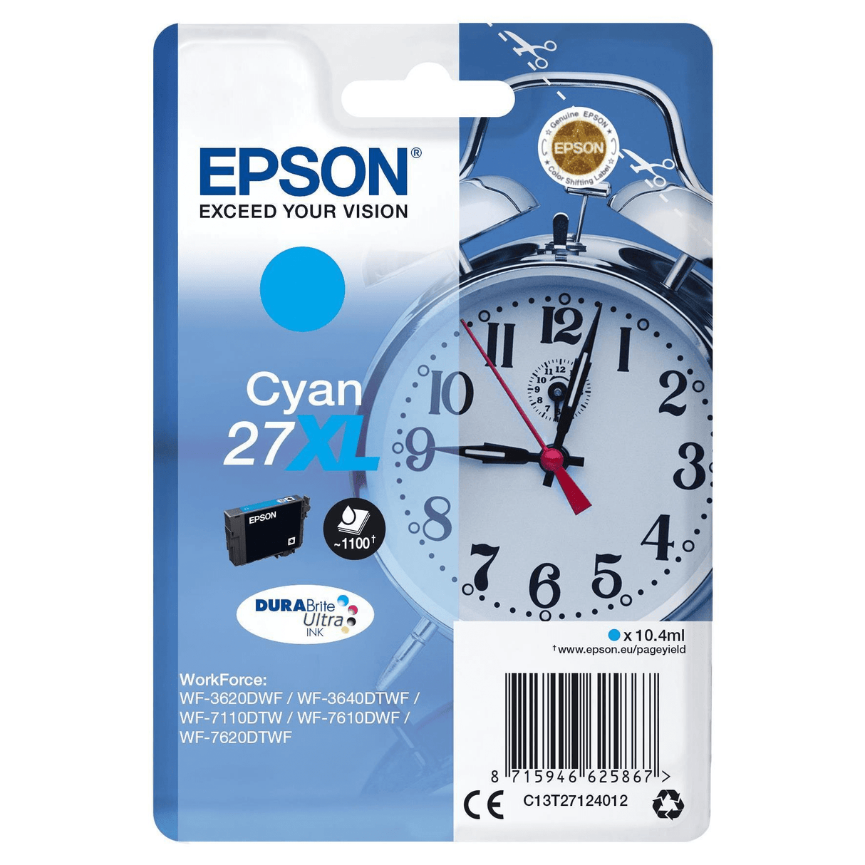 Epson 27XL DURABrite Ultra Cyan High Yield Printer Ink Cartridge Original C13T27124012 Single-pack