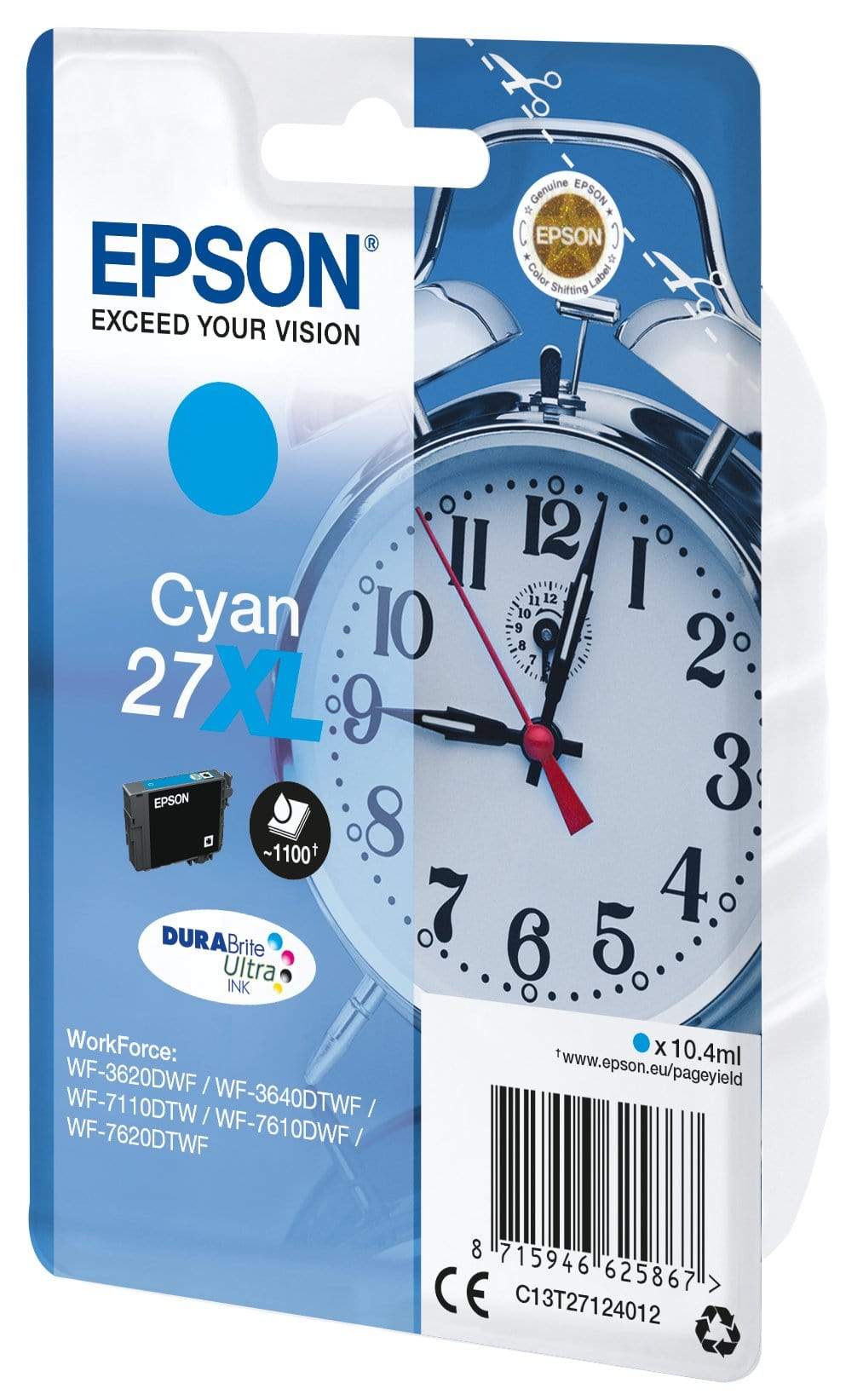 Epson 27XL DURABrite Ultra Cyan High Yield Printer Ink Cartridge Original C13T27124012 Single-pack