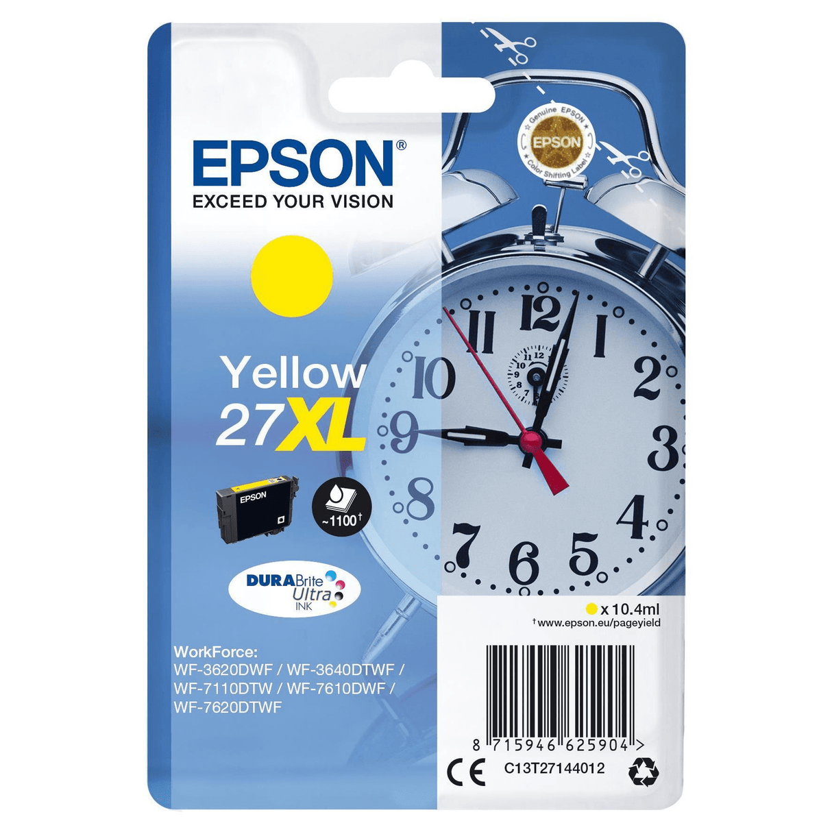 Epson 27XL DURABrite Ultra Yellow High Yield Printer Ink Cartridge Original C13T27144012 Single-pack