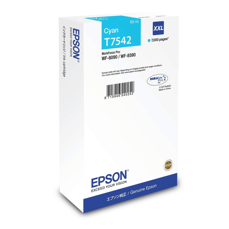 Epson T7542 XXL for WF-8090 and WF-8590 Cyan Extra High Yield Printer Ink Cartridge Original C13T754240 Single-pack