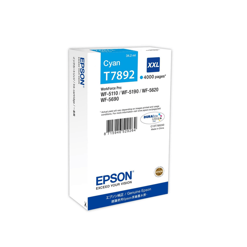 Epson T7892 XXL Cyan Extra High Yield Printer Ink Cartridge Original C13T789240 Single-pack