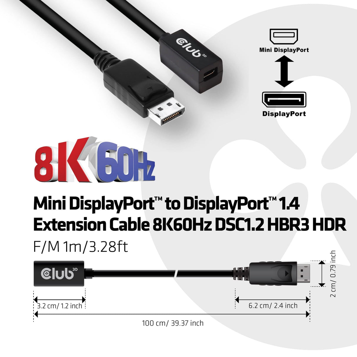 CLUB3D Mini DisplayPort 1.4 to DisplayPort Extension Cable 8K60Hz DSC 1.2 HBR3 HDR Bidirectional F/M 1m/3.28ft