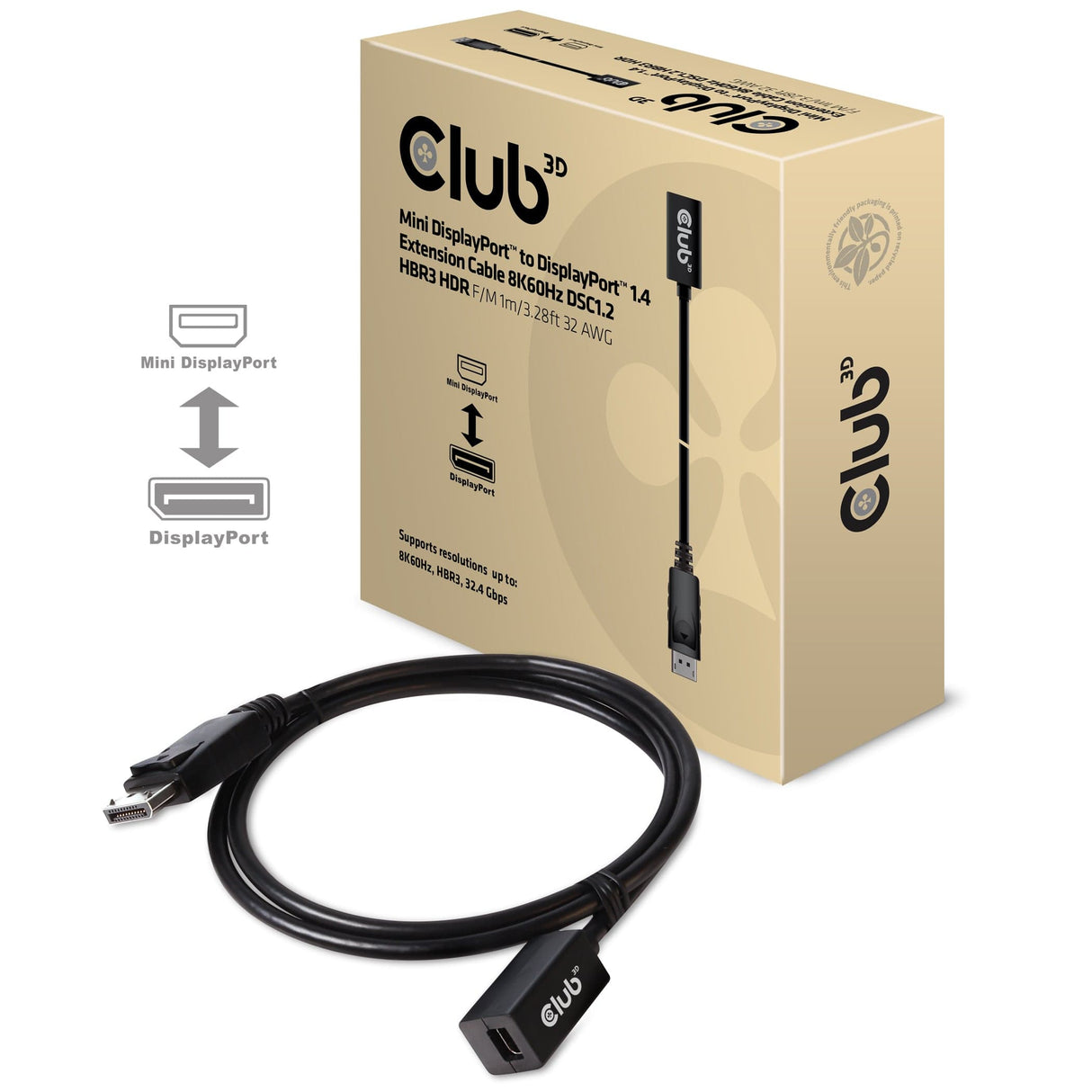 CLUB3D Mini DisplayPort 1.4 to DisplayPort Extension Cable 8K60Hz DSC 1.2 HBR3 HDR Bidirectional F/M 1m/3.28ft