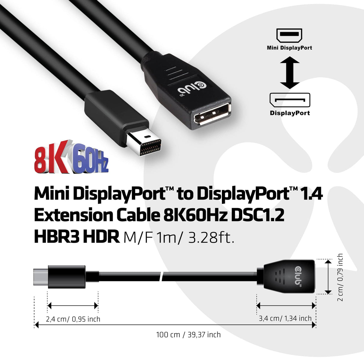 CLUB3D Mini DisplayPort to DisplayPort1.4 Extension Cable 8K60Hz DSC1.2 HBR3 HDR M/F 1m/3.28 ft