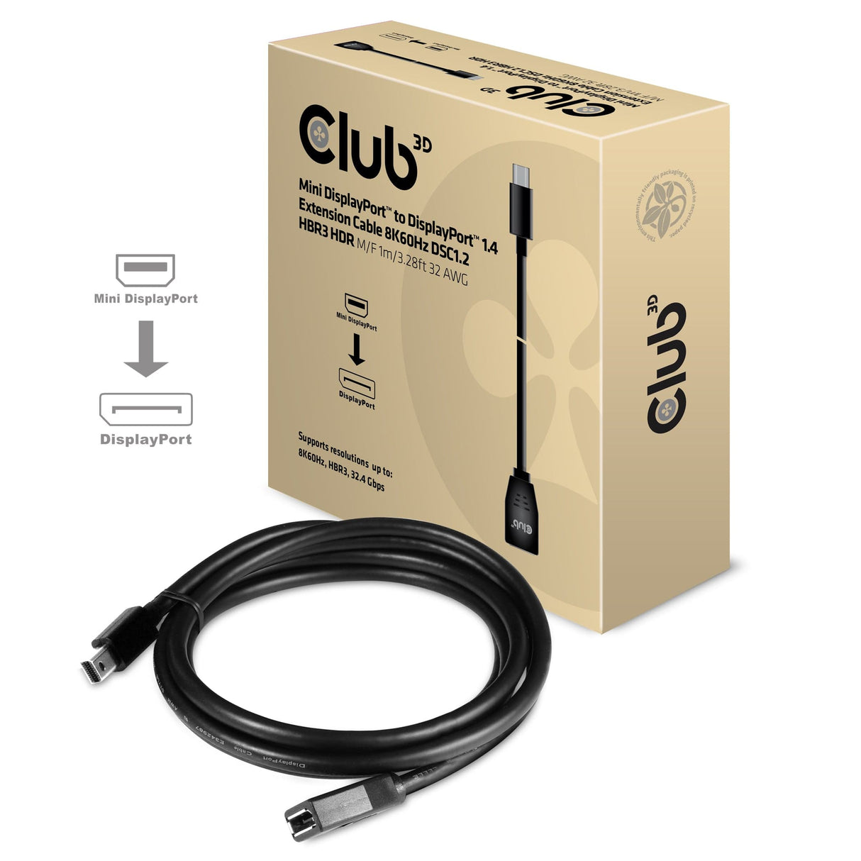 CLUB3D Mini DisplayPort to DisplayPort1.4 Extension Cable 8K60Hz DSC1.2 HBR3 HDR M/F 1m/3.28 ft