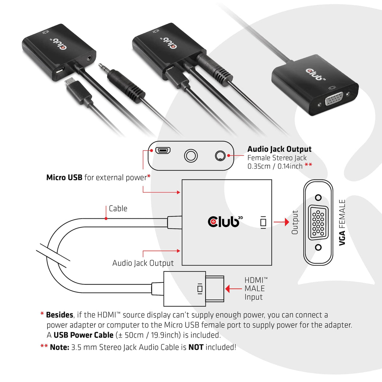 CLUB3D CAC-1302 video cable adapter 0.5 m HDMI Type A (Standard) VGA (D-Sub) Black