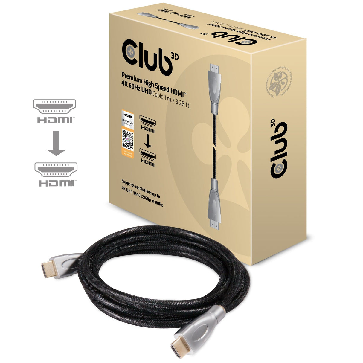 CLUB3D Premium High Speed HDMI™ 2.0 4K60Hz UHD Cable 1 m/ 3.28 ft Certified