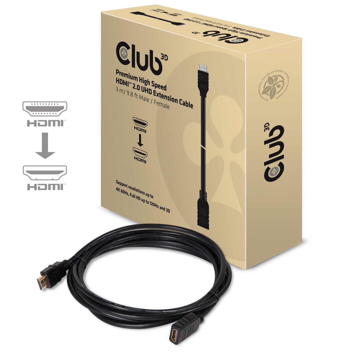CLUB3D High Speed HDMI™ 2.0 4K60Hz Extension Cable 3m/ 9.8ft Male/Female