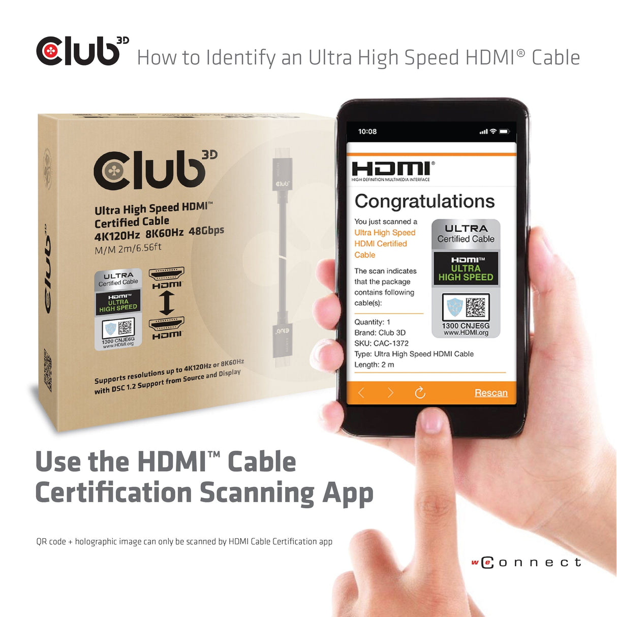 CLUB3D Ultra High Speed HDMI™2.1 Cable 10K 120Hz 48Gbps M/M 2 m./6.56 ft.