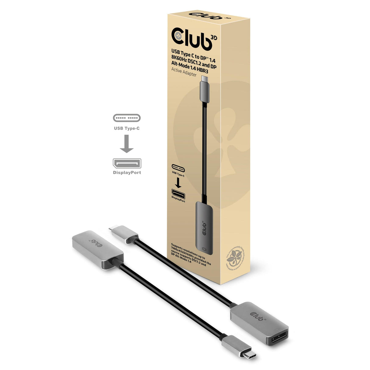 CLUB3D USB Type C to DisplayPort 1.4 8K60Hz HBR3 Active Adapter