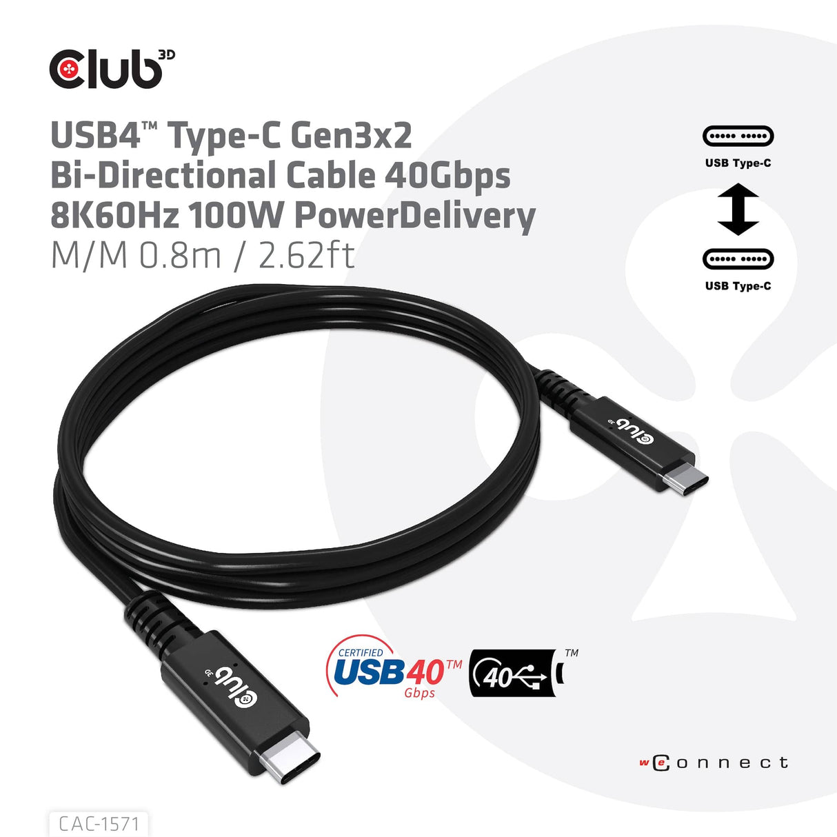 CLUB3D USB4 certified Type-C Gen3x2 Bi-Directional Cable 40Gbps 8K60Hz 100W PowerDelivery M-M 0.8m - 2.62ft