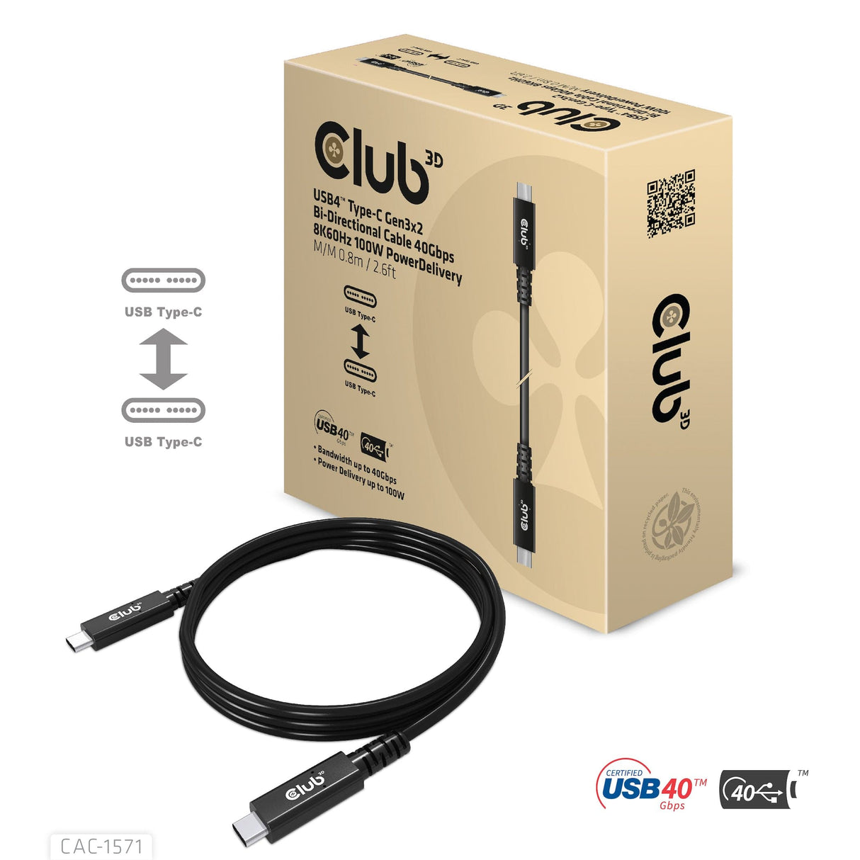 CLUB3D USB4 certified Type-C Gen3x2 Bi-Directional Cable 40Gbps 8K60Hz 100W PowerDelivery M-M 0.8m - 2.62ft
