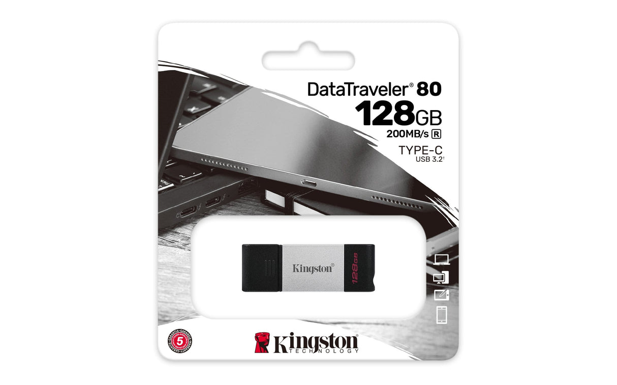 Kingston DataTraveler 80 128GB USB 3.2 Gen 1 Type-C Black and Silver USB Flash Drive DT80/128GB