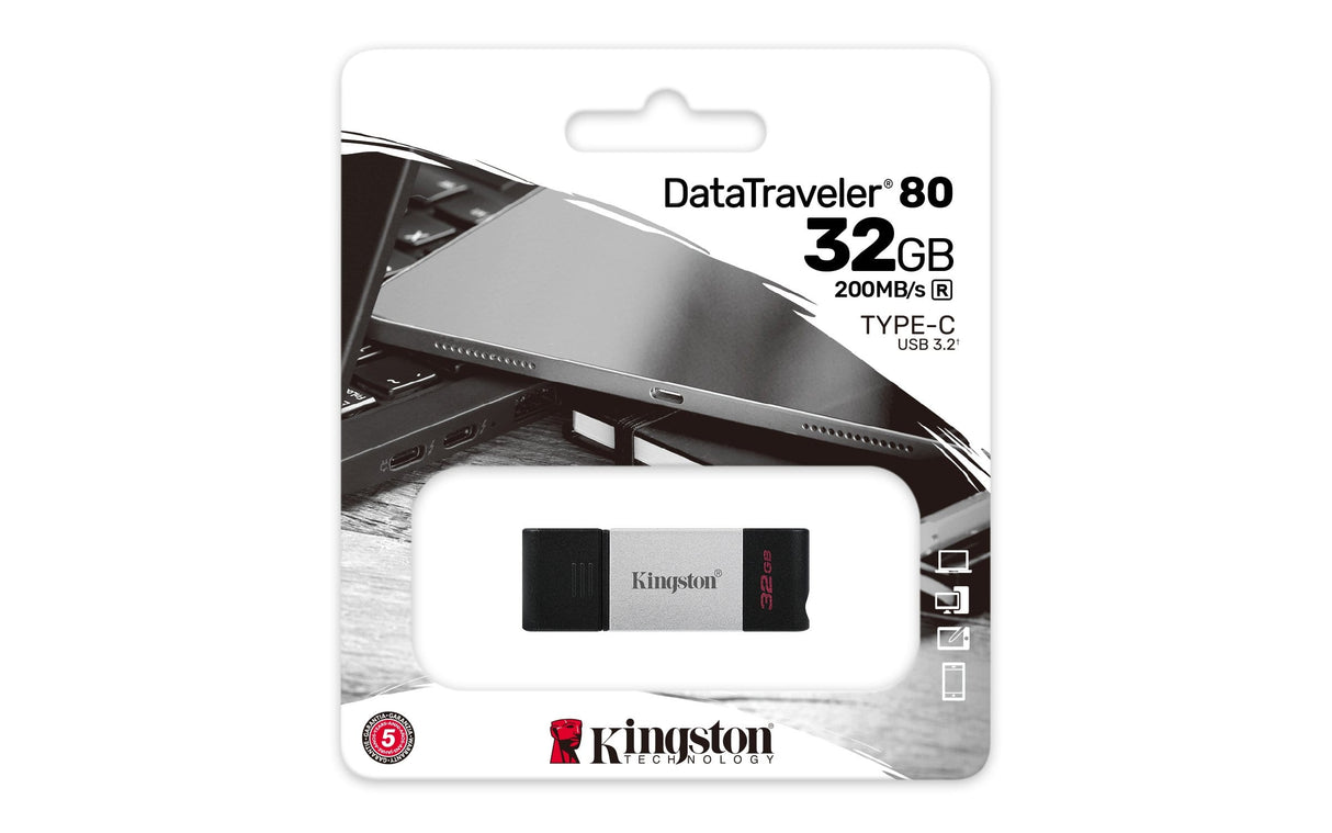 Kingston DataTraveler 80 32GB USB 3.2 Gen 1 Type-C Black and Silver USB Flash Drive DT80/32GB