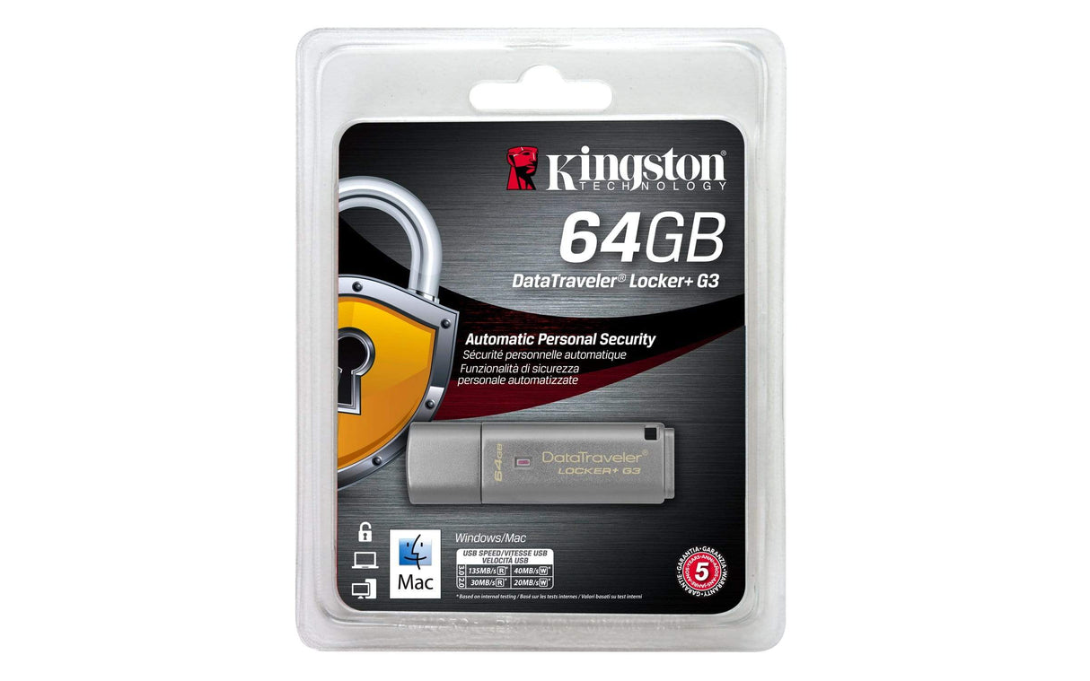 Kingston DataTraveler Locker+ G3 64GB USB 3.2 Gen 1 Type-A Silver USB Flash Drive DTLPG3/64GB