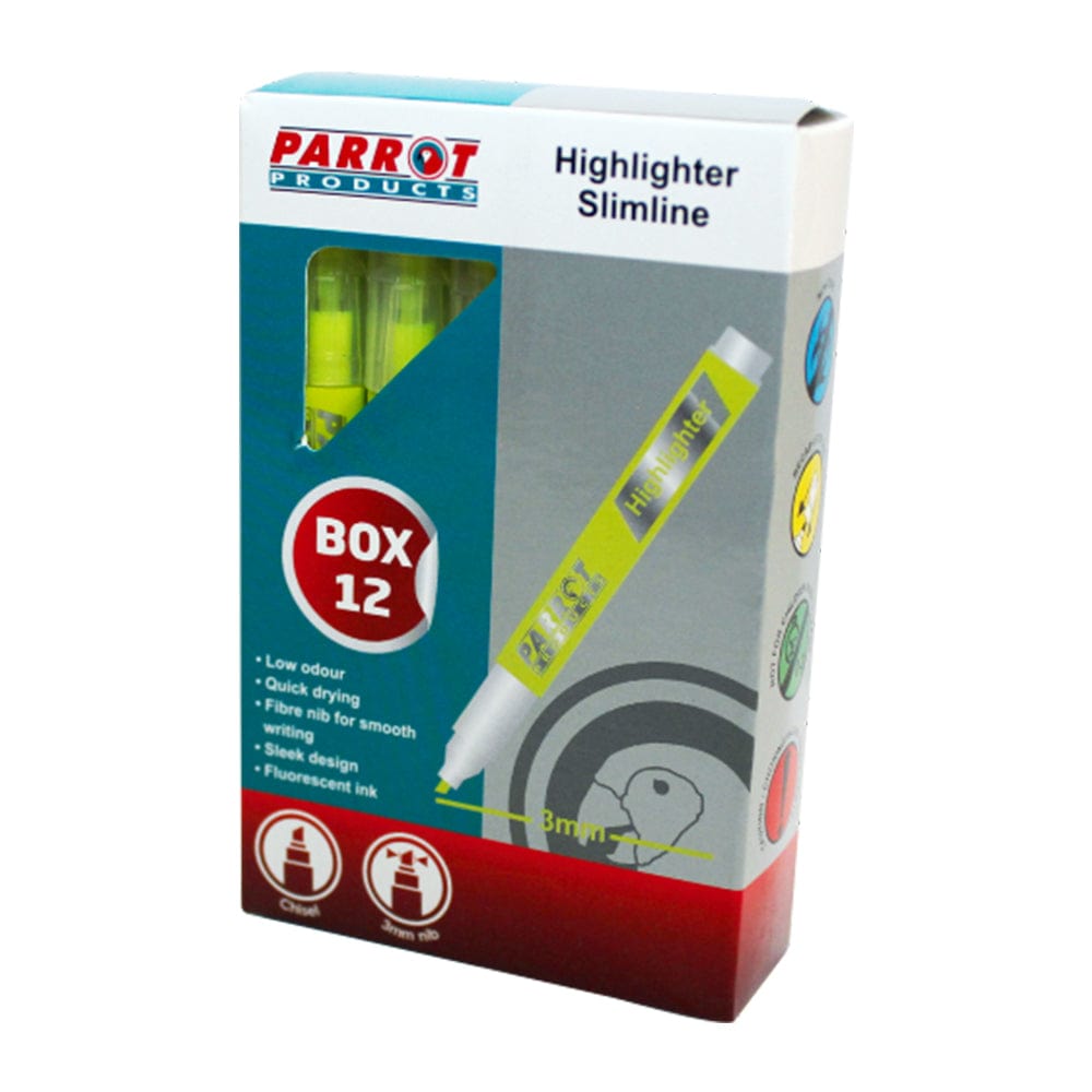 Parrot Slimline Marker Highlighters (Box of 12 - Yellow)
