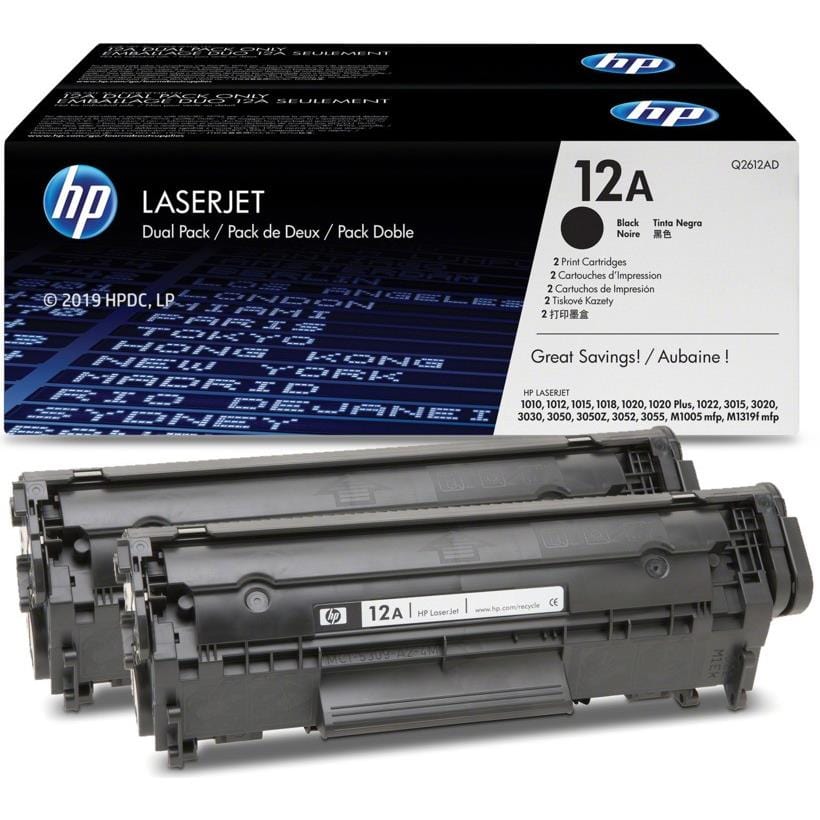 HP 12A Black Toner Cartridges 2,000 Pages Each Original Q2612AD Dual-pack