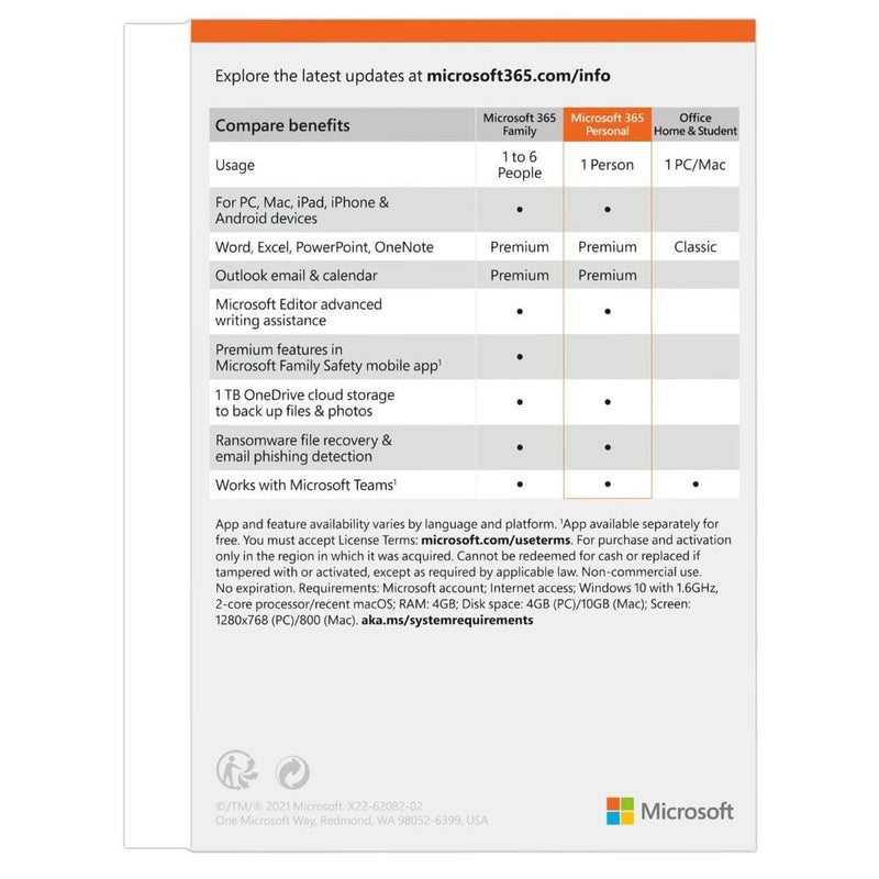 Microsoft 365 Personal PC Mac and Mobile 1-user 12-month Subscription FPP QQ2-01403