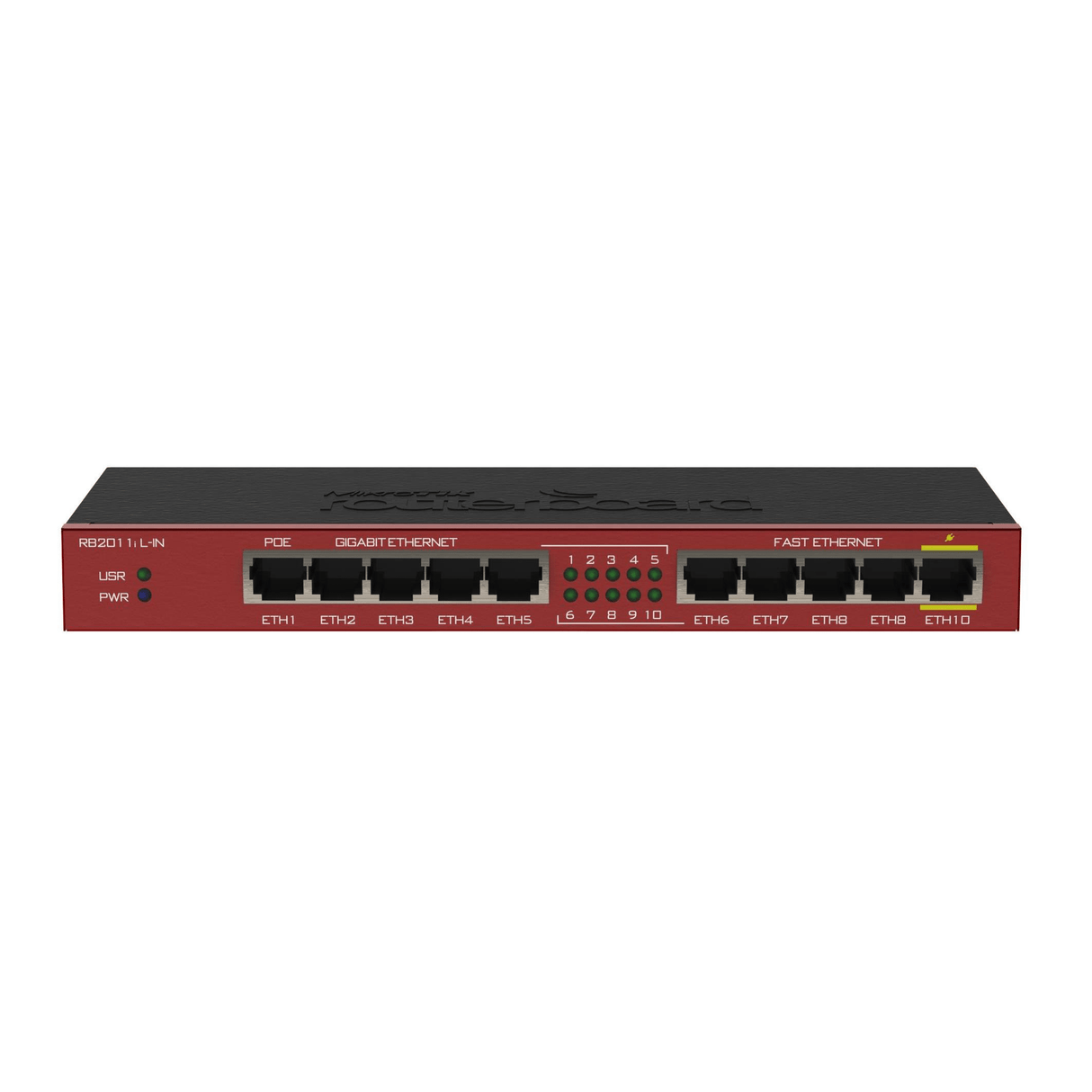 MikroTik 10-port Ethernet Desktop Router RB2011IL-IN network Switch Gigabit (10/100/1000) Red PoE