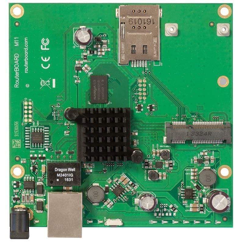 MikroTik RouterBOARD M11G with 1 Gigabit LAN MiniPCI-e Sim Slot PoE in and RouterOS L4 wired router Black Green Grey RBM11G