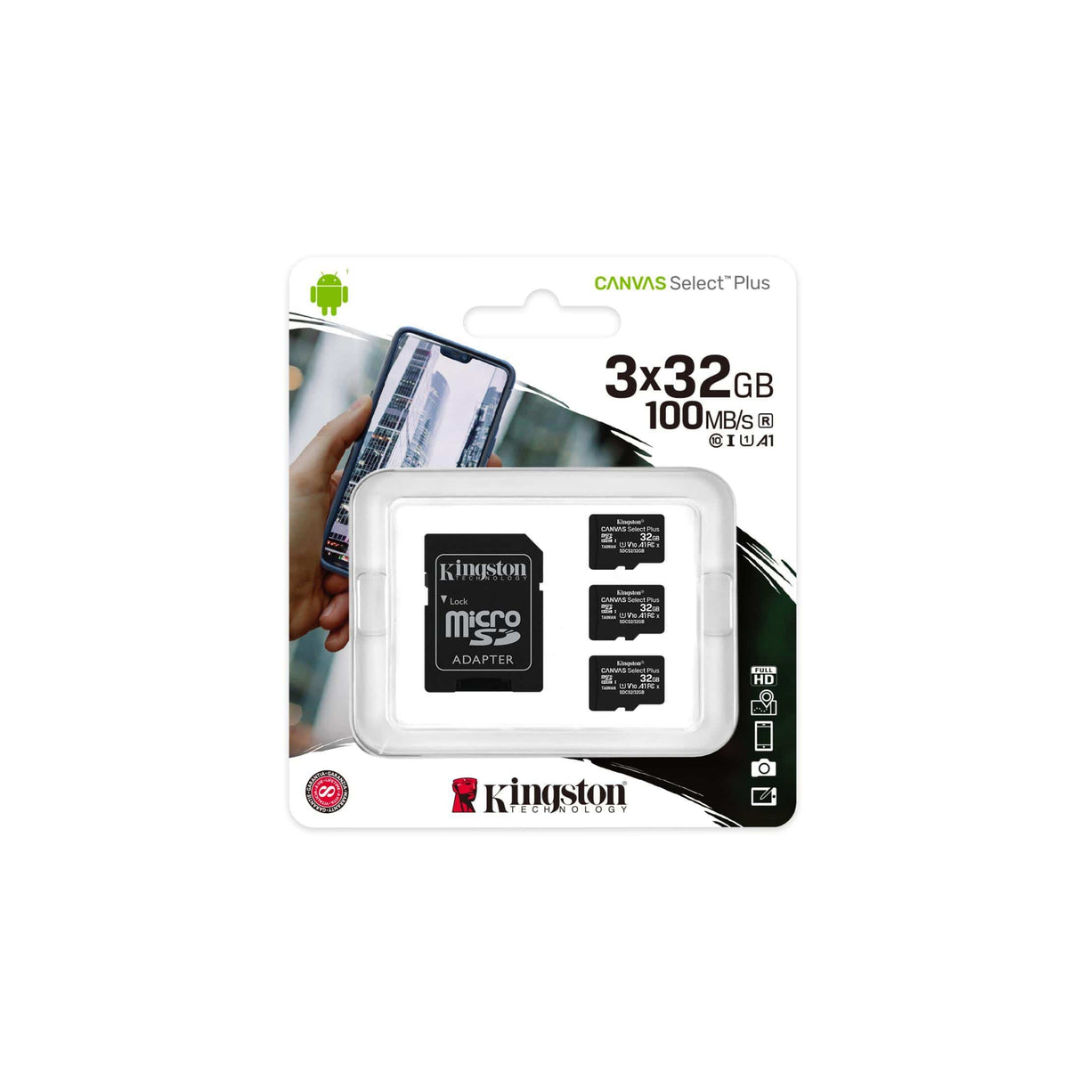 Kingston Technology Canvas Select Plus 32GB micSDHC 100R A1 C10 Three Pack with Single Adapter SDCS2/32GB-3P1A