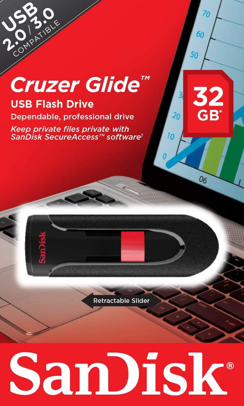 SanDisk Cruzer Glide 32GB USB 2.0 Type-A Black and Red USB Flash Drive SDCZ60-032G-B35