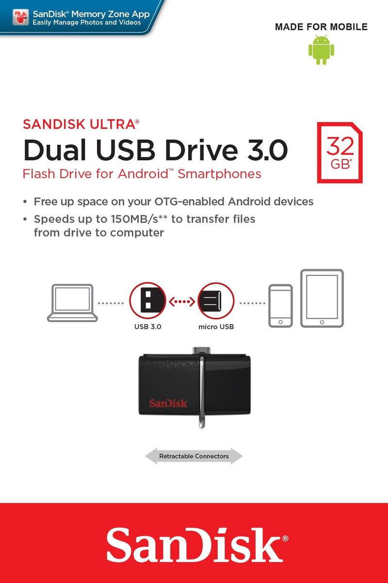 SanDisk Ultra Dual 3.0 32GB USB 3.2 Gen 1 Type-A / Micro-USB 3.2 Gen 1 Black USB Flash Drive SDDD2-032G-GAM46