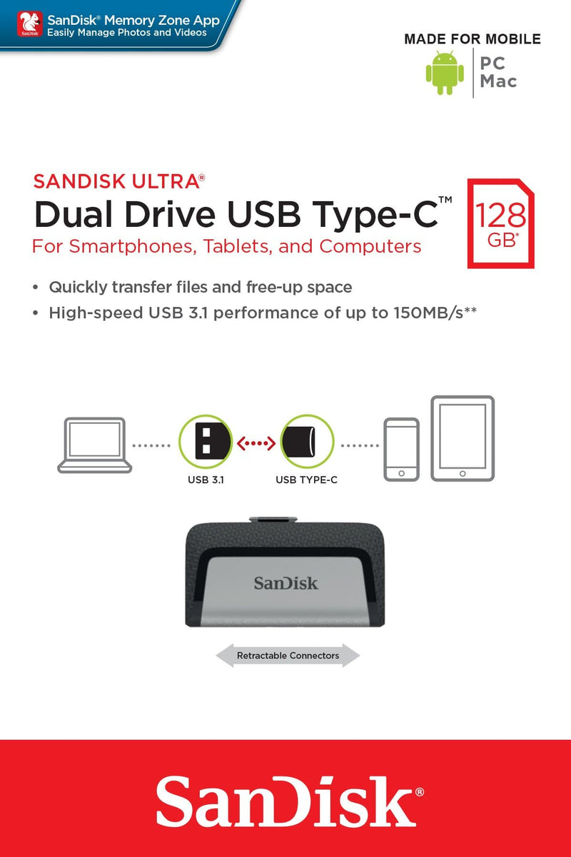 SanDisk Ultra Dual Drive USB Type-C 128GB Type-A / 3.2 Gen 1 Black and Silver Flash SDDDC2-128G-G46