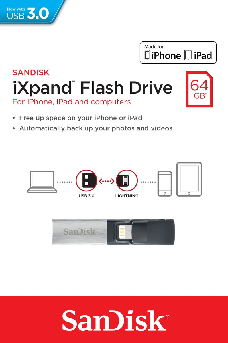 SanDisk IXpand 64GB USB Type-A / Lightning 3.2 Gen 1 Black and Silver USB Flash Drive SDIX30N-064G-GN6NN