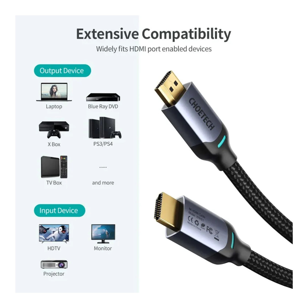 Choetech 8K HDMI 2.1 Male to Male Braided Cable 2m 01.02.04.XHH01-BK