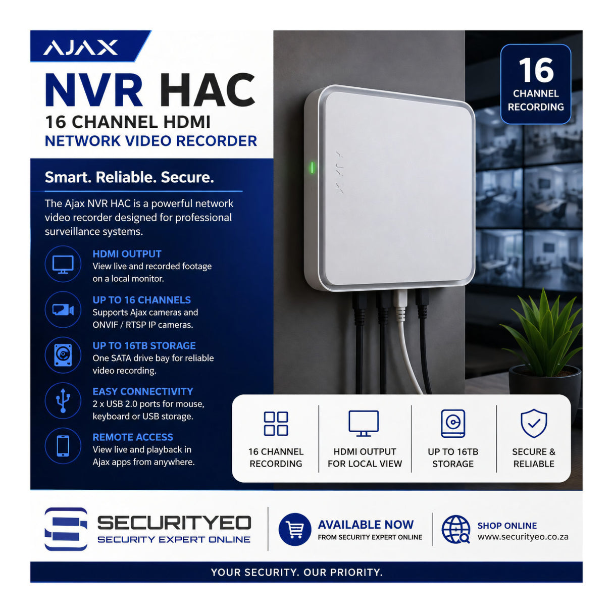 Ajax Security 16-Channel 4K HDMI NVR White 19134506-122-WH1