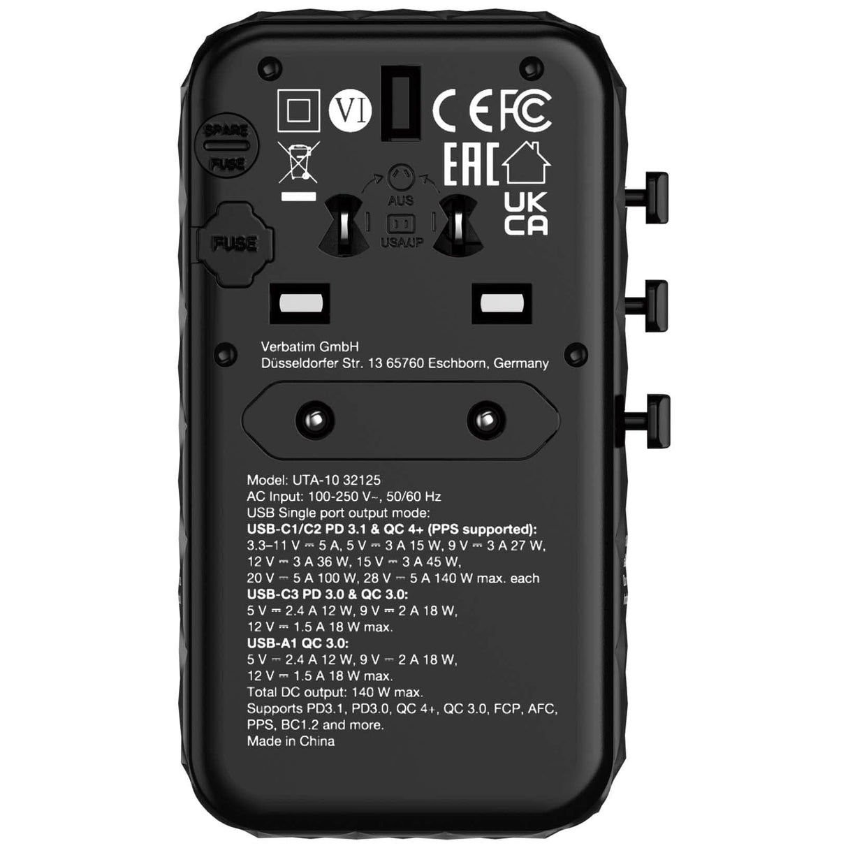 Verbatim UTA-10 140W GaN III Universal Travel Adapter 32125