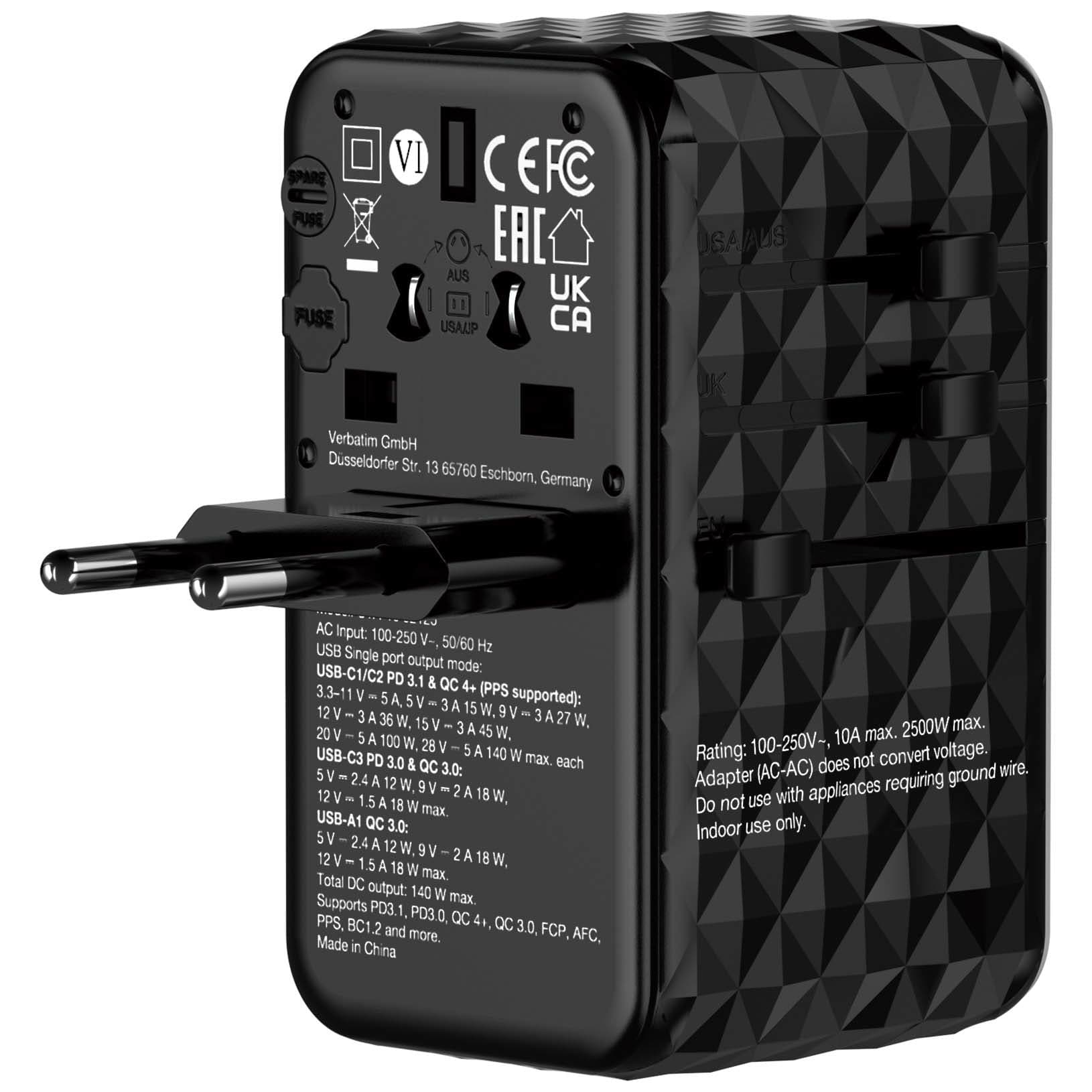 Verbatim UTA-10 140W GaN III Universal Travel Adapter 32125