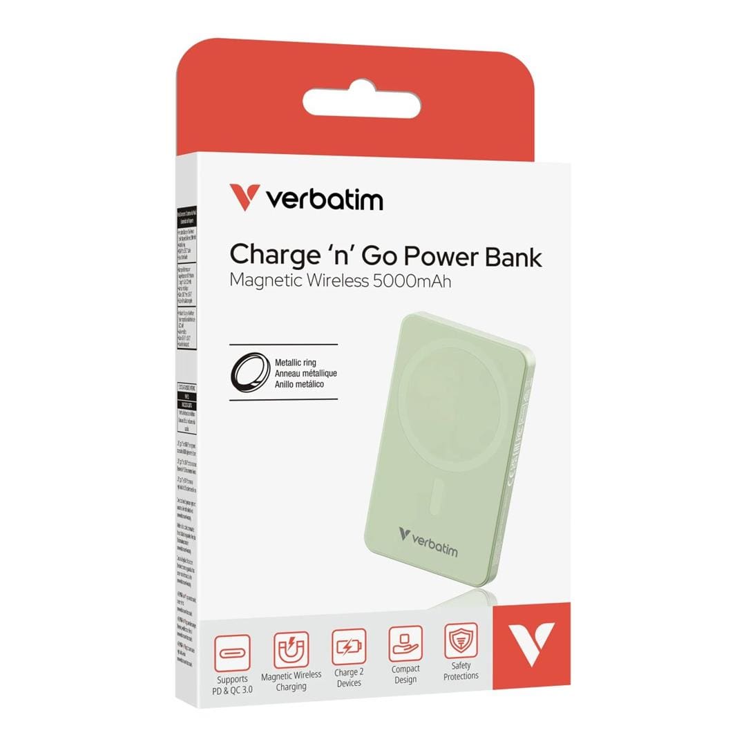 Verbatim Charge n Go Essentials 5000mAh Magnetic Wireless Powerbank Green 32226