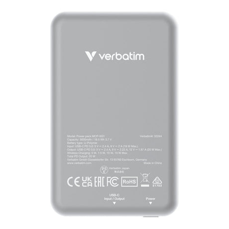 Verbatim 5000mAh Charge n Go Magnetic Wireless Power Bank Grey 32244