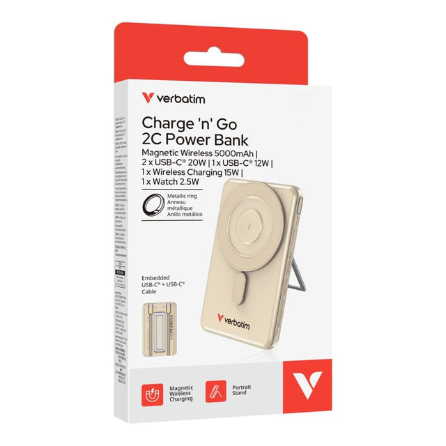 Verbatim 5,000mAh Charge n Go Two Cable Magnetic Wireless Charging Power Bank Gold 32253