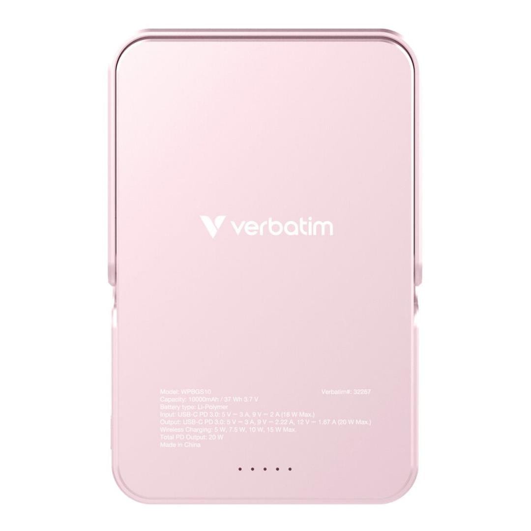 Verbatim Charge n Go 10,000mAh Magnetic Wireless Charging Power Bank Glass with Stand Pink 32267
