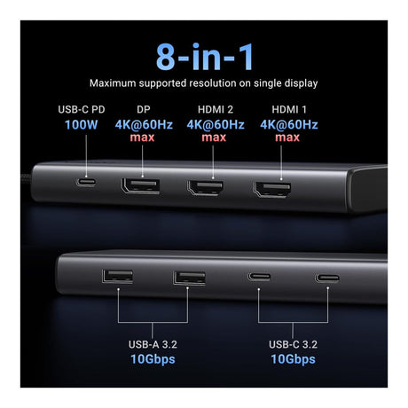Ugreen 35625 8-in-1 USB-C 10000 Mbit/s Docking Station - Grey
