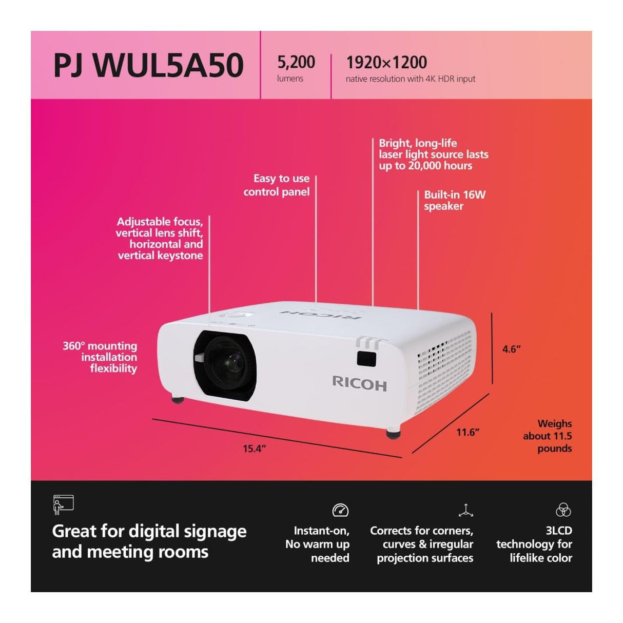 Ricoh PJ WUL5A50 5200 ANSI Lumens Short Throw Projector White 432675