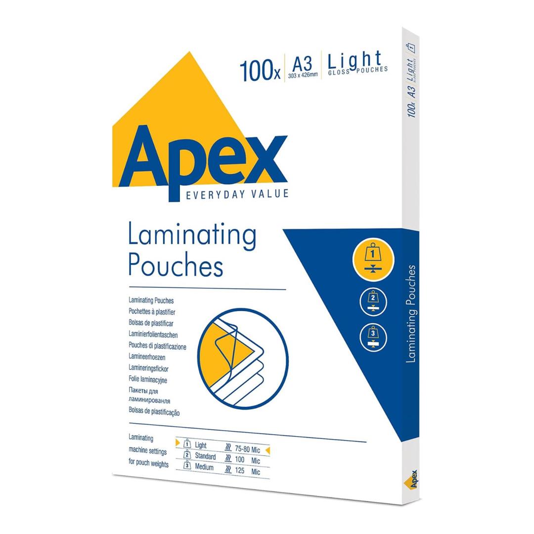 Fellowes Apex Light A3 150 Micron Laminating Clear Pouch 100-pack 6001901