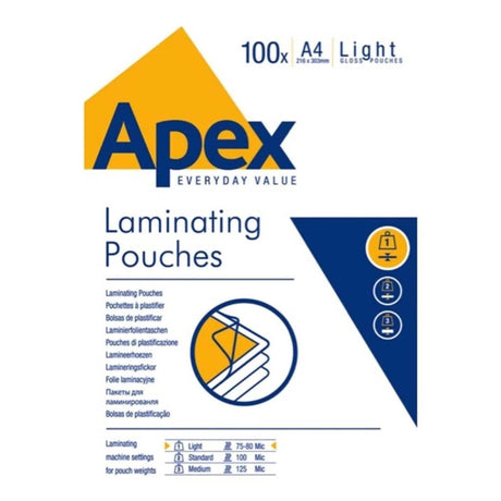 Fellowes Apex Light A4 75 Micron Laminating Clear Pouch 100-pack 6003201